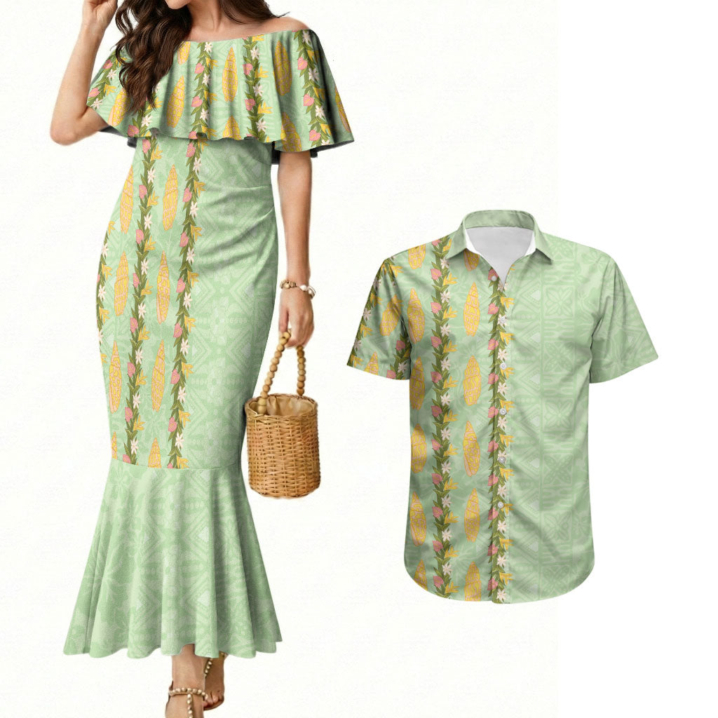 Hawaii Shell Tiare Anthurium Heliconia Lei Couples Matching Mermaid Dress and Hawaiian Shirt With Tapa Pattern Baby Green LT05 Green - Polynesian Pride