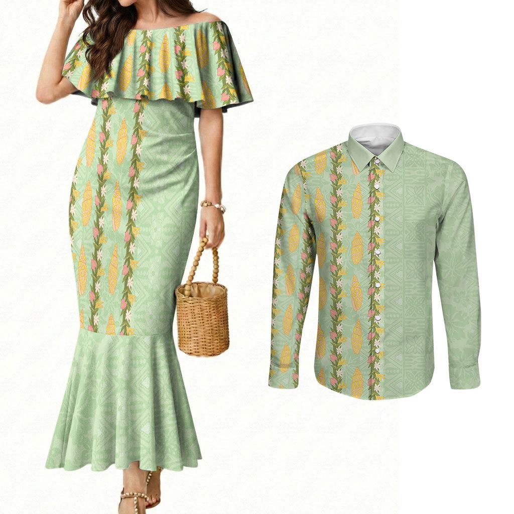Hawaii Shell Tiare Anthurium Heliconia Lei Couples Matching Mermaid Dress and Long Sleeve Button Shirt With Tapa Pattern Baby Green LT05 Green - Polynesian Pride