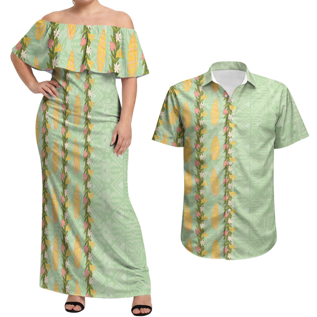 Hawaii Shell Tiare Anthurium Heliconia Lei Couples Matching Off Shoulder Maxi Dress and Hawaiian Shirt With Tapa Pattern Baby Green LT05 Green - Polynesian Pride