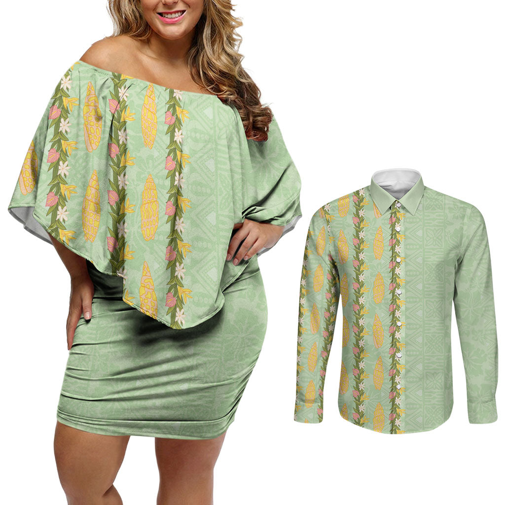 Hawaii Shell Tiare Anthurium Heliconia Lei Couples Matching Off Shoulder Short Dress and Long Sleeve Button Shirt With Tapa Pattern Baby Green LT05 Green - Polynesian Pride