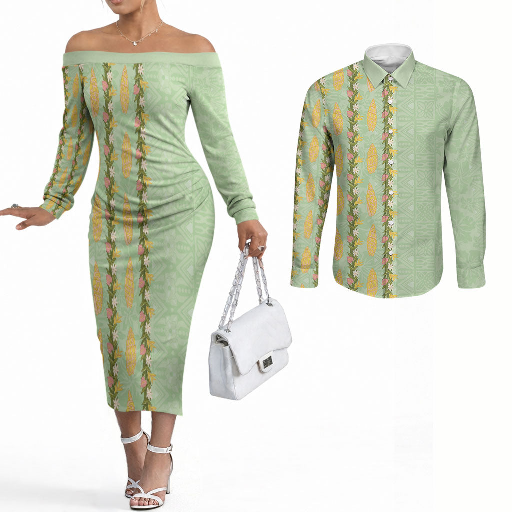 Hawaii Shell Tiare Anthurium Heliconia Lei Couples Matching Off The Shoulder Long Sleeve Dress and Long Sleeve Button Shirt With Tapa Pattern Baby Green LT05 Green - Polynesian Pride