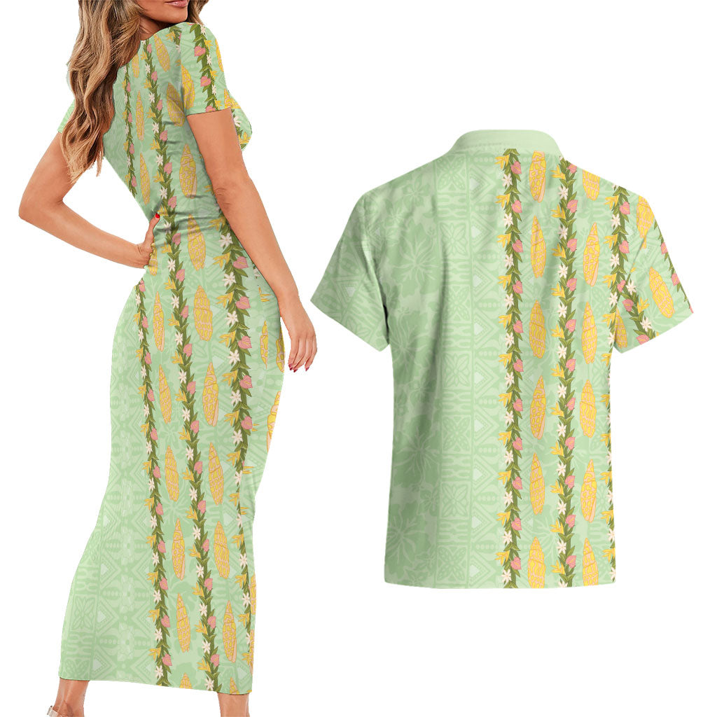 Hawaii Shell Tiare Anthurium Heliconia Lei Couples Matching Short Sleeve Bodycon Dress and Hawaiian Shirt With Tapa Pattern Baby Green LT05 - Polynesian Pride