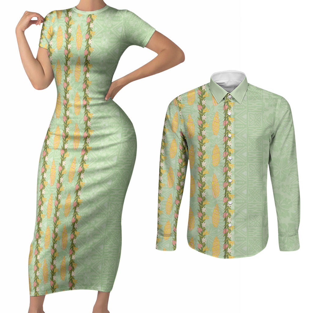 Hawaii Shell Tiare Anthurium Heliconia Lei Couples Matching Short Sleeve Bodycon Dress and Long Sleeve Button Shirt With Tapa Pattern Baby Green LT05 Green - Polynesian Pride