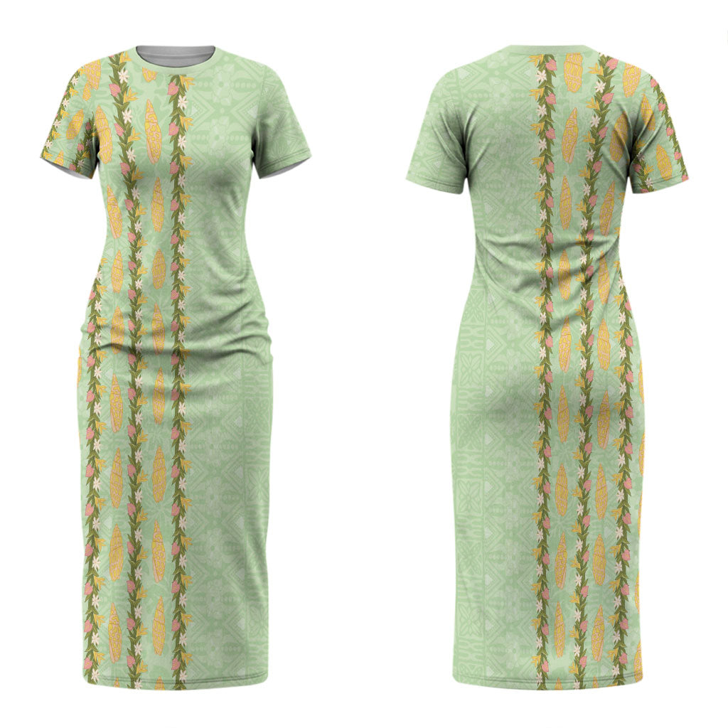 Hawaii Shell Tiare Anthurium Heliconia Lei Couples Matching Short Sleeve Bodycon Dress and Long Sleeve Button Shirt With Tapa Pattern Baby Green LT05 - Polynesian Pride