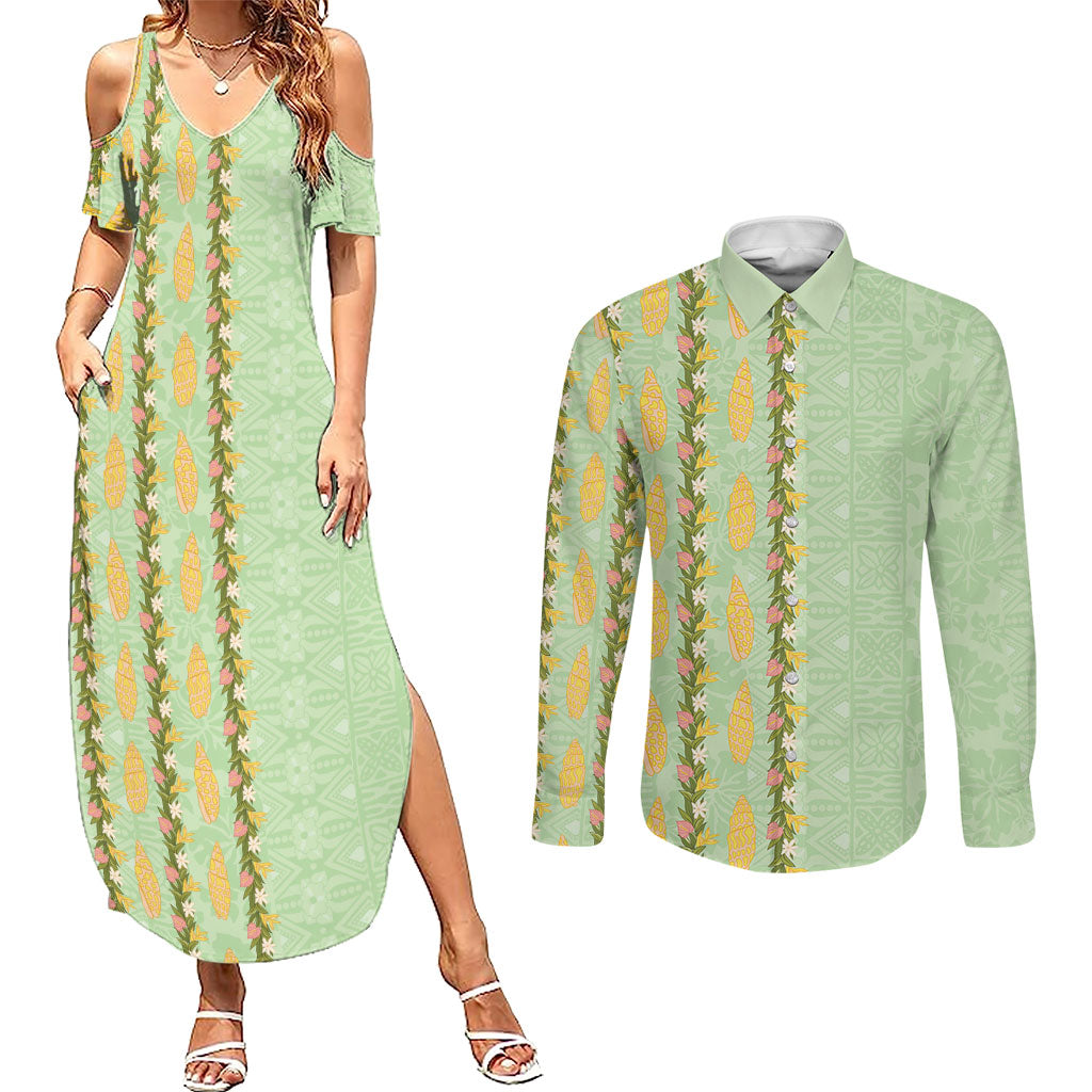 Hawaii Shell Tiare Anthurium Heliconia Lei Couples Matching Summer Maxi Dress and Long Sleeve Button Shirt With Tapa Pattern Baby Green