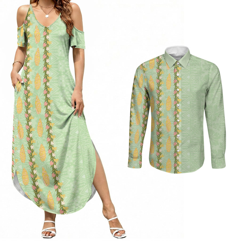 Hawaii Shell Tiare Anthurium Heliconia Lei Couples Matching Summer Maxi Dress and Long Sleeve Button Shirt With Tapa Pattern Baby Green LT05 Green - Polynesian Pride