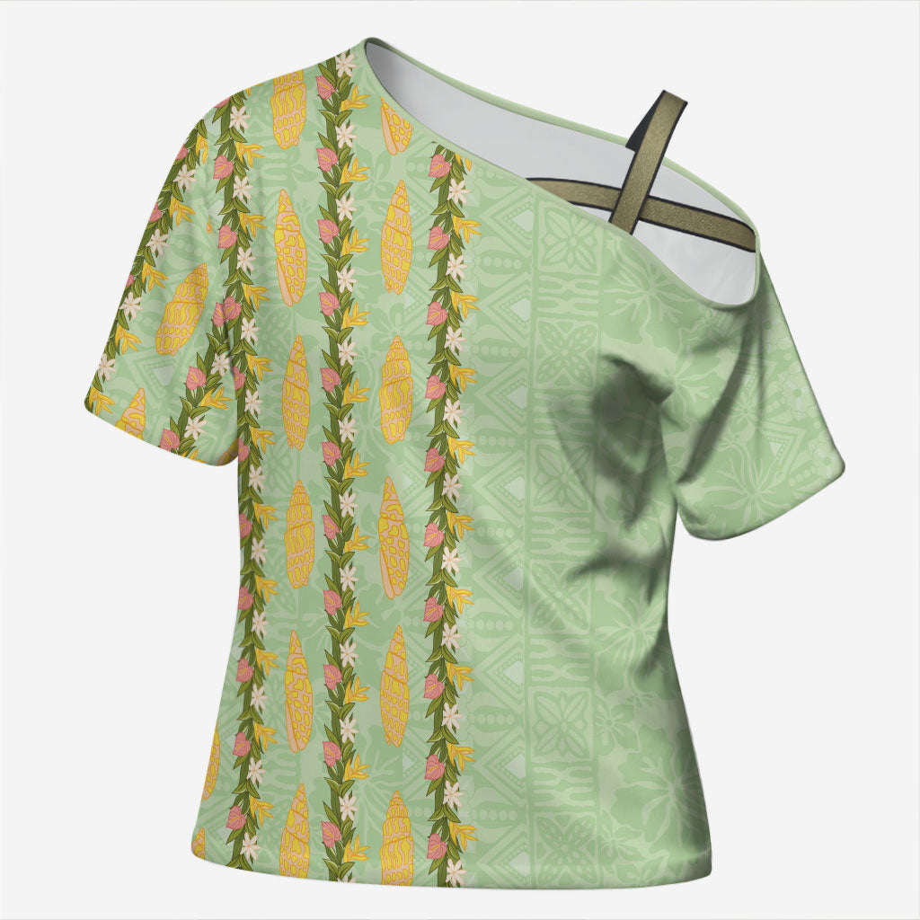 Hawaii Shell Tiare Anthurium Heliconia Lei Cross Shoulder Shirt With Tapa Pattern Baby Green LT05 Female Green - Polynesian Pride