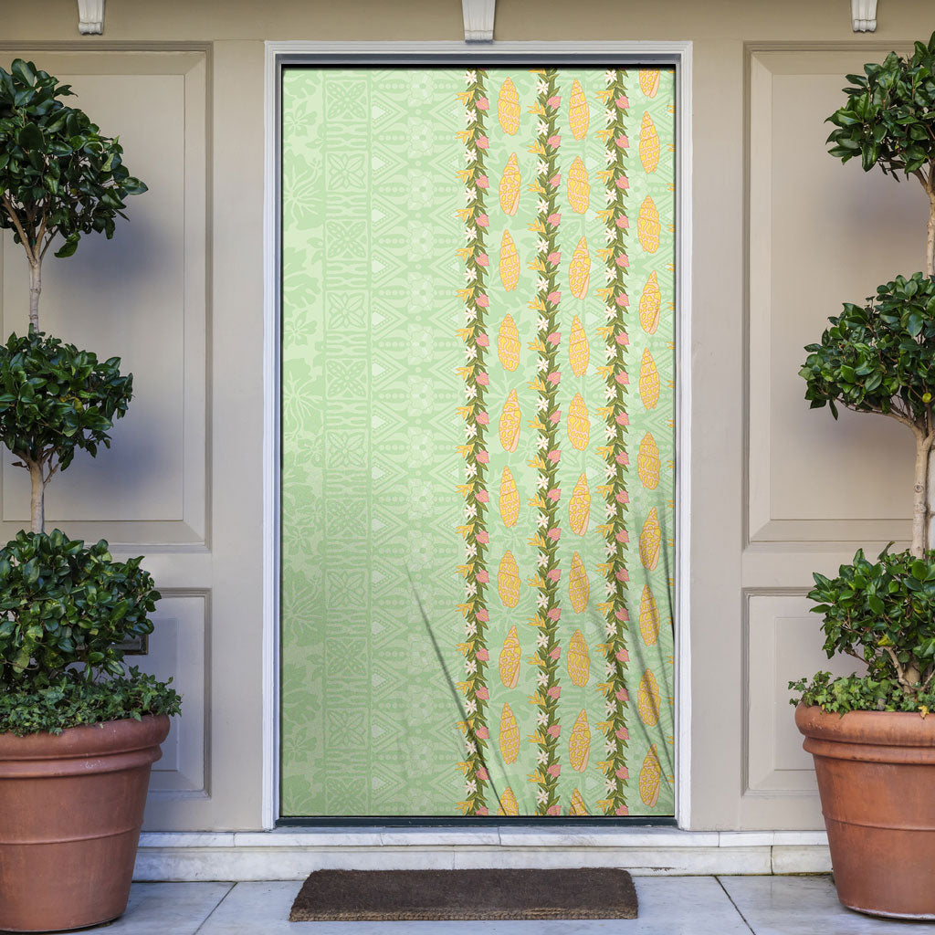 Hawaii Shell Tiare Anthurium Heliconia Lei Door Cover With Tapa Pattern Baby Green LT05 Green - Polynesian Pride