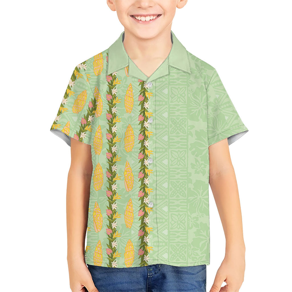 Hawaii Shell Tiare Anthurium Heliconia Lei Family Matching Long Sleeve Bodycon Dress and Hawaiian Shirt With Tapa Pattern Baby Green