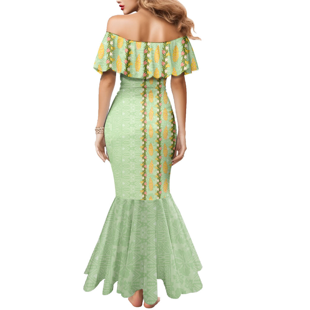 Hawaii Shell Tiare Anthurium Heliconia Lei Family Matching Mermaid Dress and Hawaiian Shirt With Tapa Pattern Baby Green