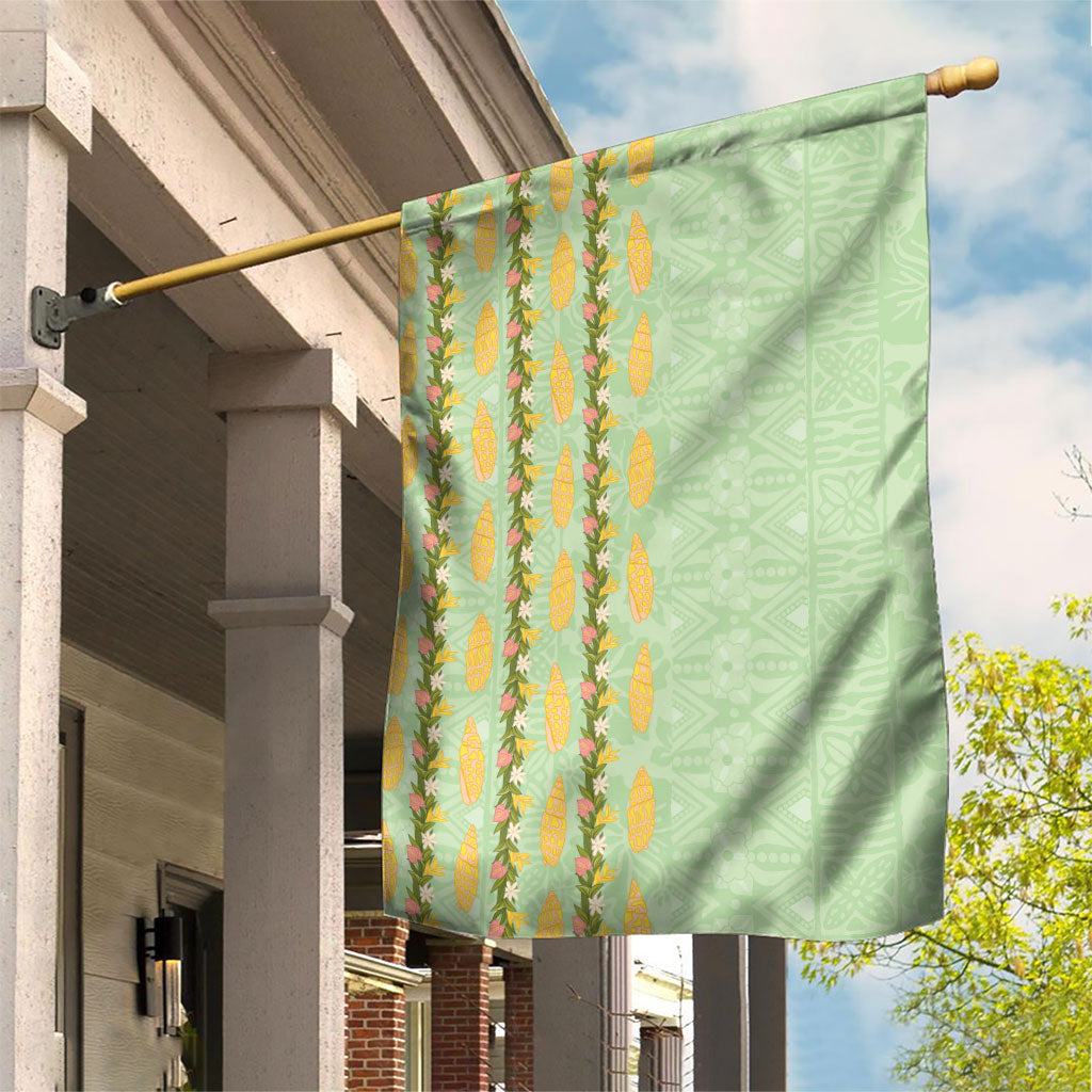Hawaii Shell Tiare Anthurium Heliconia Lei Garden Flag With Tapa Pattern Baby Green LT05 House Flag Green - Polynesian Pride