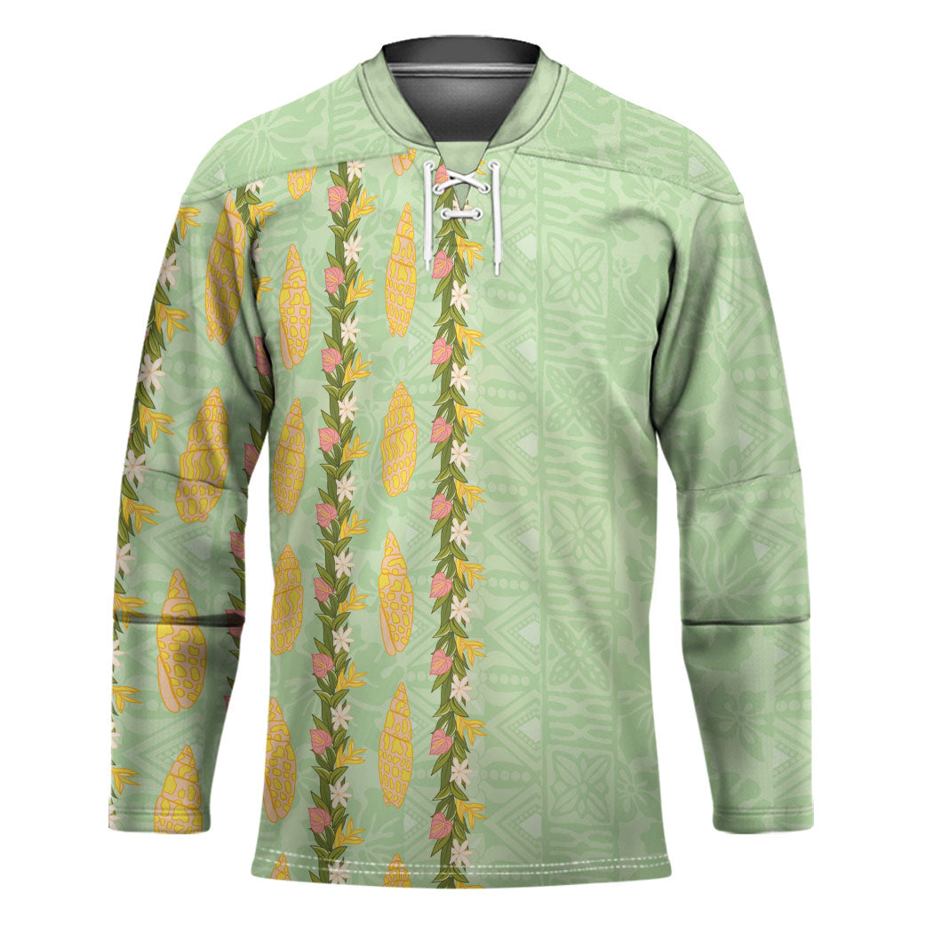 Hawaii Shell Tiare Anthurium Heliconia Lei Hockey Jersey With Tapa Pattern Baby Green LT05 Unisex Green - Polynesian Pride