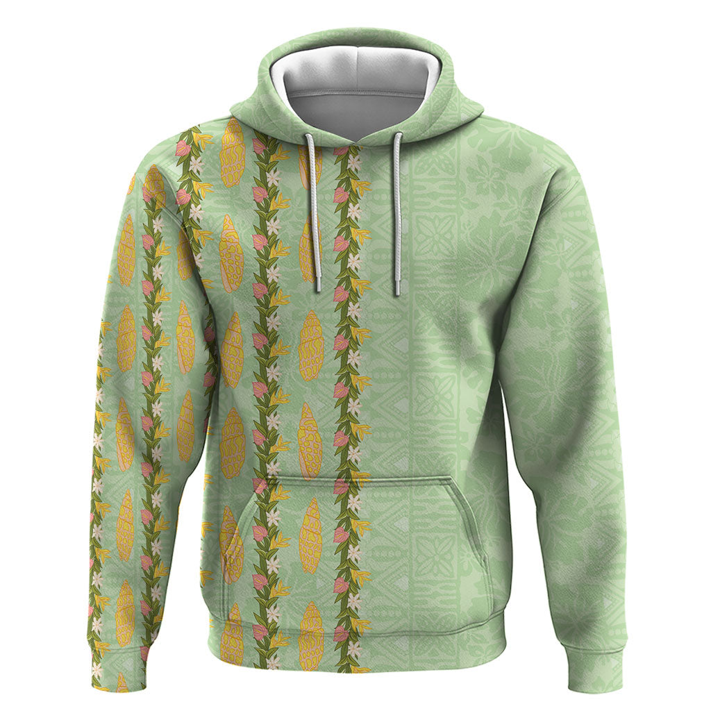 Hawaii Shell Tiare Anthurium Heliconia Lei Hoodie With Tapa Pattern Baby Green LT05 Pullover Hoodie Green - Polynesian Pride