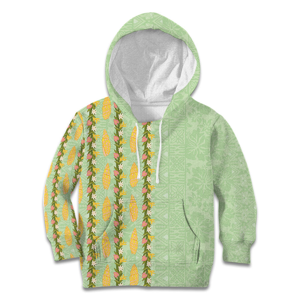 Hawaii Shell Tiare Anthurium Heliconia Lei Kid Hoodie With Tapa Pattern Baby Green LT05 Hoodie Green - Polynesian Pride