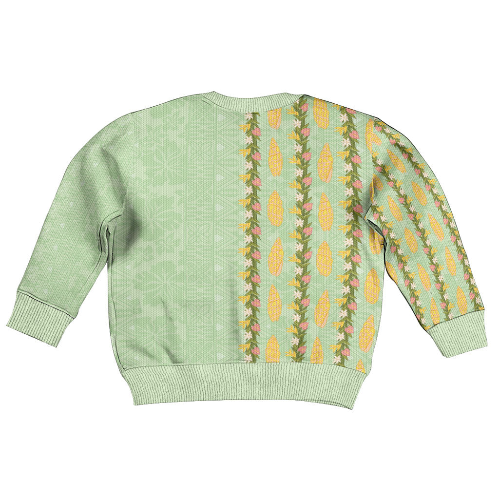 Hawaii Shell Tiare Anthurium Heliconia Lei Kid Ugly Christmas Sweater With Tapa Pattern Baby Green LT05 - Polynesian Pride
