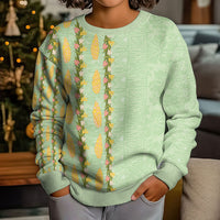 Hawaii Shell Tiare Anthurium Heliconia Lei Kid Ugly Christmas Sweater With Tapa Pattern Baby Green LT05 - Polynesian Pride