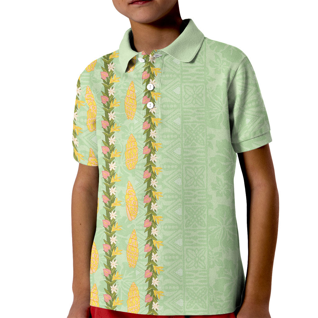 Hawaii Shell Tiare Anthurium Heliconia Lei Kid Polo Shirt With Tapa Pattern Baby Green LT05 Kid Green - Polynesian Pride