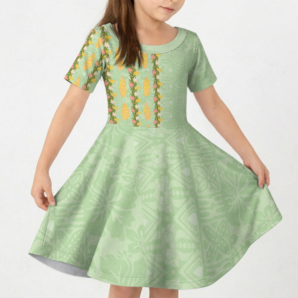Hawaii Shell Tiare Anthurium Heliconia Lei Kid Short Sleeve Dress With Tapa Pattern Baby Green LT05 KID Green - Polynesian Pride