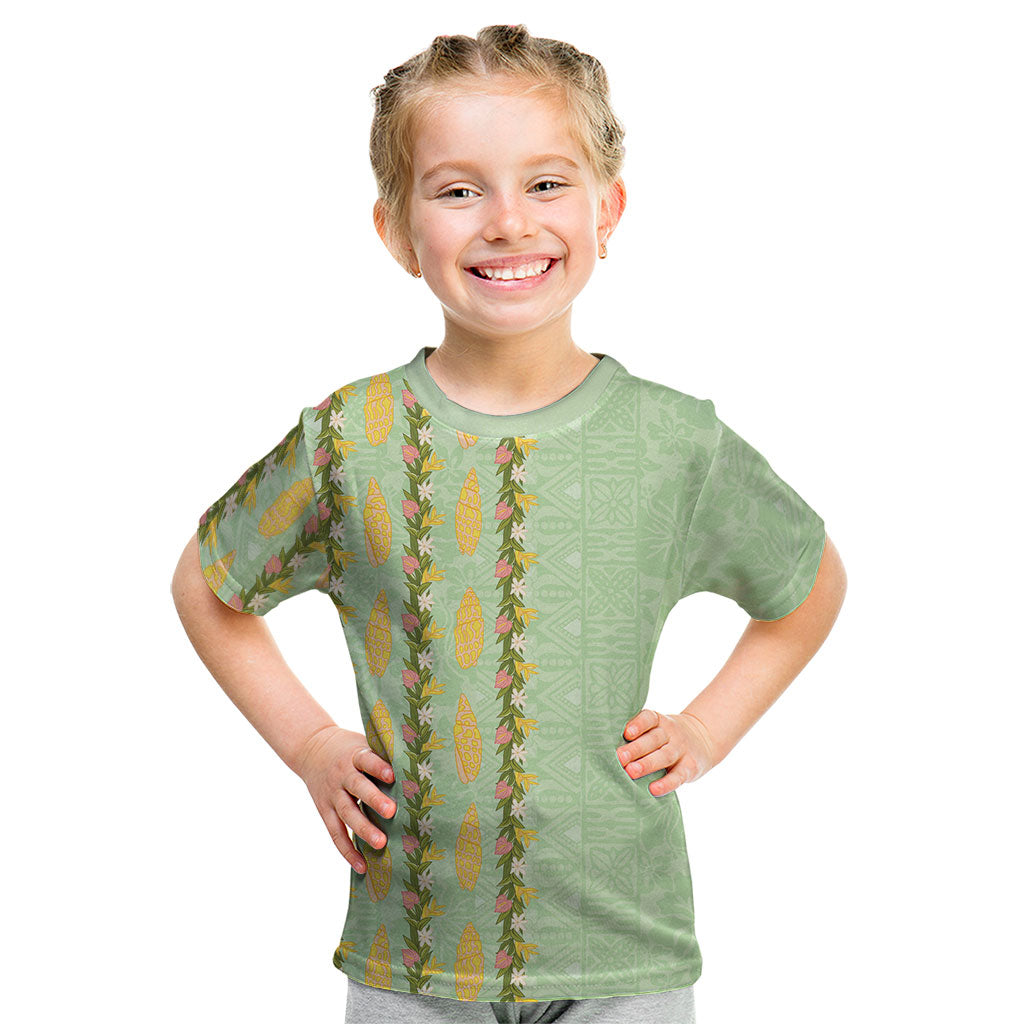 Hawaii Shell Tiare Anthurium Heliconia Lei Kid T Shirt With Tapa Pattern Baby Green LT05 Green - Polynesian Pride