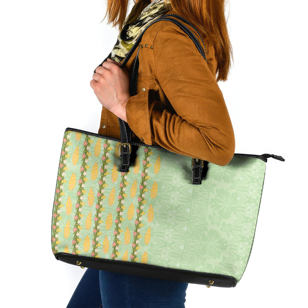 Hawaii Shell Tiare Anthurium Heliconia Lei Leather Tote Bag With Tapa Pattern Baby Green LT05 Green - Polynesian Pride