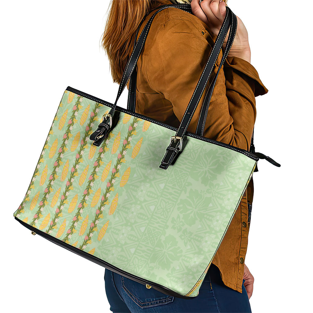 Hawaii Shell Tiare Anthurium Heliconia Lei Leather Tote Bag With Tapa Pattern Baby Green