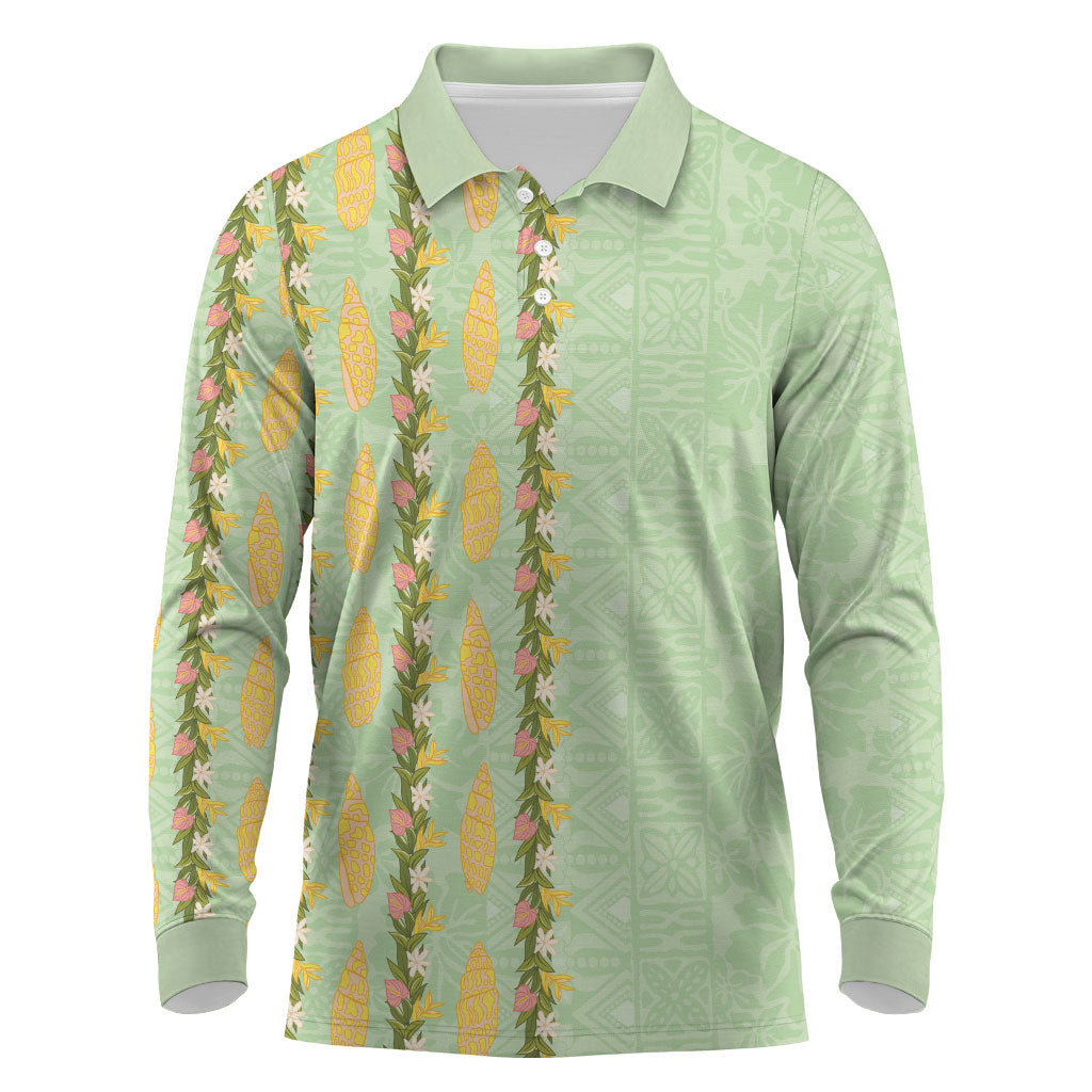 Hawaii Shell Tiare Anthurium Heliconia Lei Long Sleeve Polo Shirt With Tapa Pattern Baby Green LT05 Green - Polynesian Pride