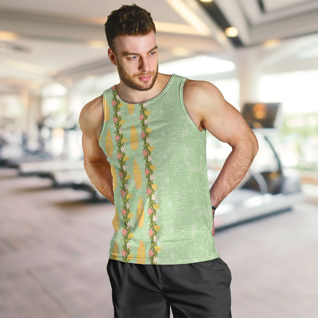 Hawaii Shell Tiare Anthurium Heliconia Lei Men Tank Top With Tapa Pattern Baby Green LT05 Green - Polynesian Pride