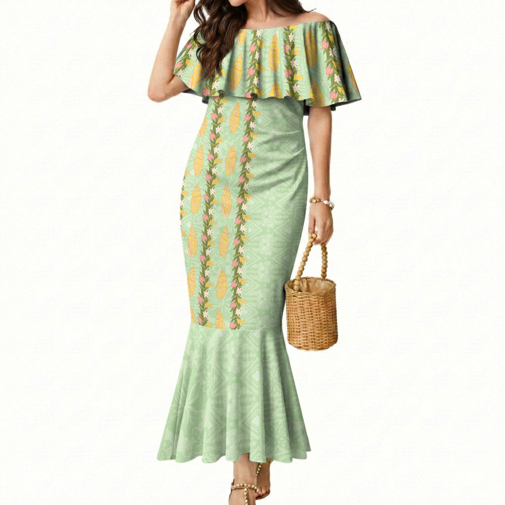 Hawaii Shell Tiare Anthurium Heliconia Lei Mermaid Dress With Tapa Pattern Baby Green LT05 Women Green - Polynesian Pride