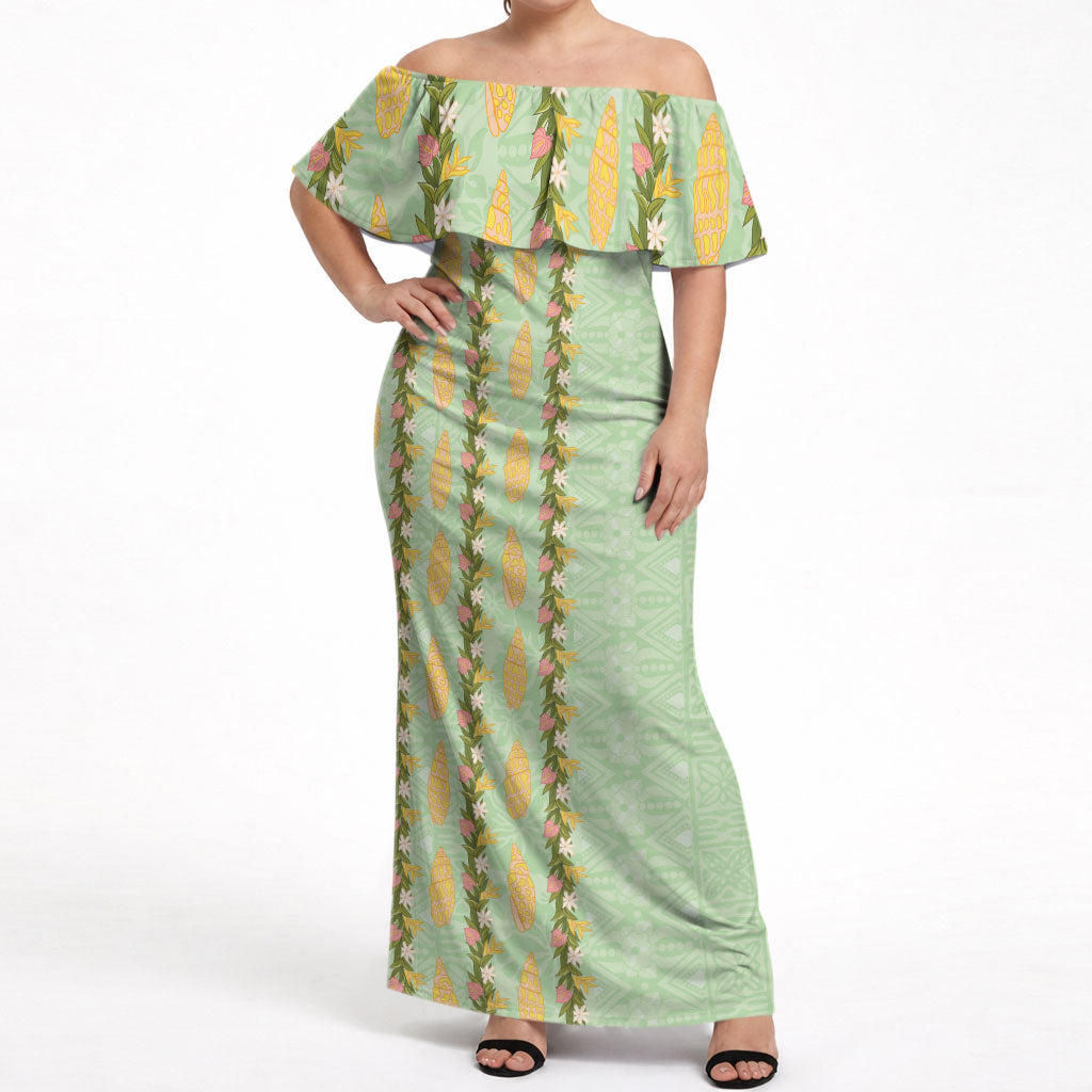 Hawaii Shell Tiare Anthurium Heliconia Lei Off Shoulder Maxi Dress With Tapa Pattern Baby Green LT05 Women Green - Polynesian Pride