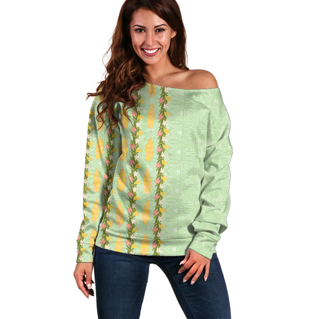 Hawaii Shell Tiare Anthurium Heliconia Lei Off Shoulder Sweater With Tapa Pattern Baby Green LT05 Women Green - Polynesian Pride