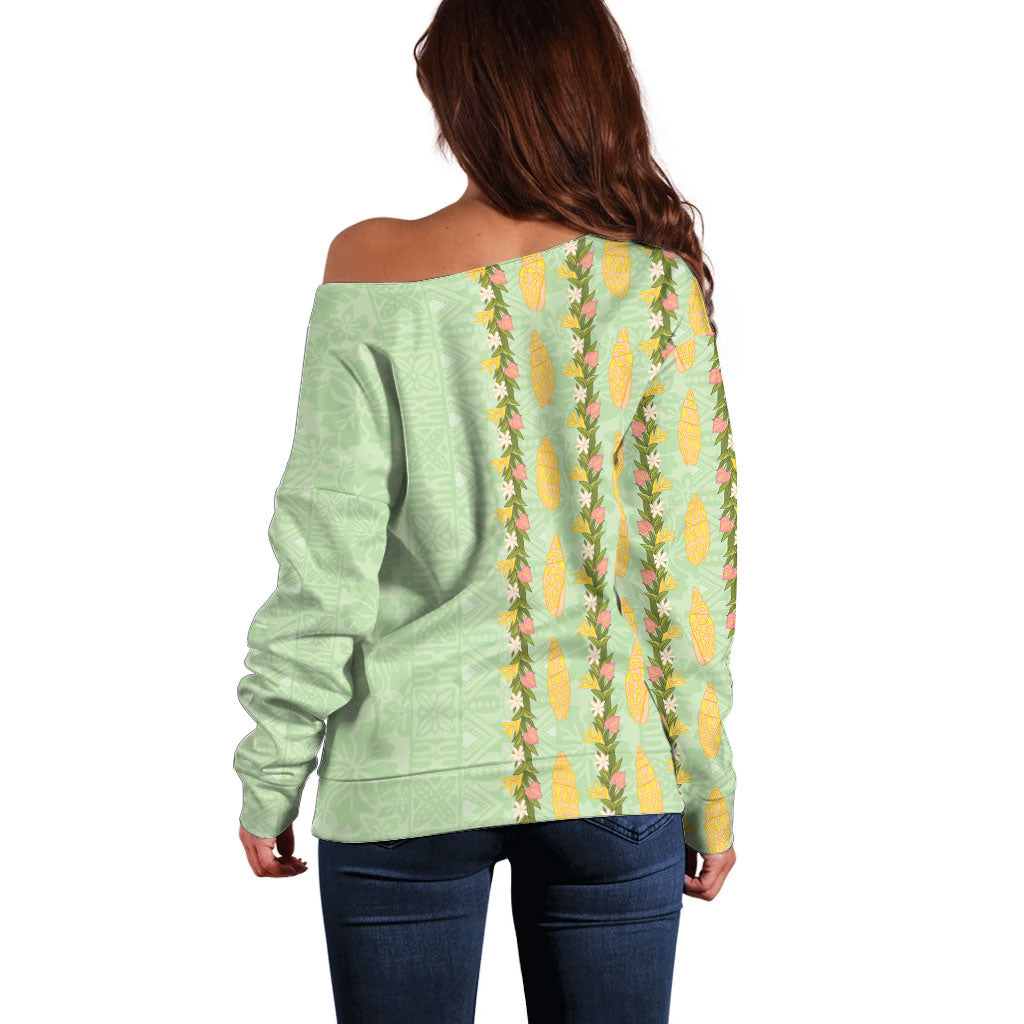 Hawaii Shell Tiare Anthurium Heliconia Lei Off Shoulder Sweater With Tapa Pattern Baby Green