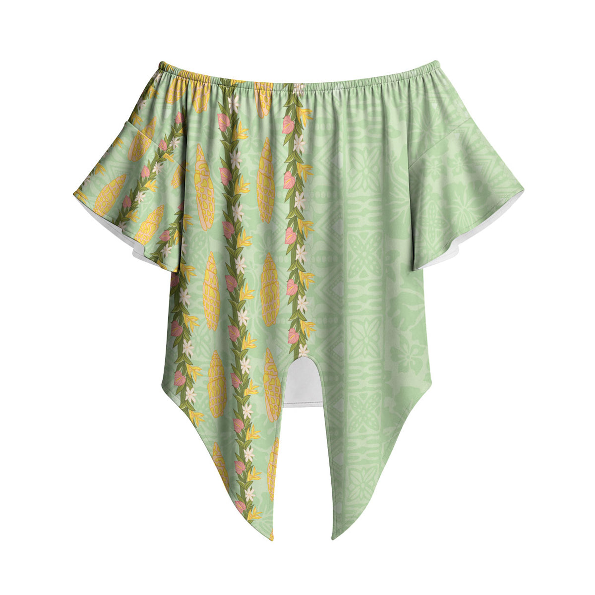 Hawaii Shell Tiare Anthurium Heliconia Lei Off Shoulder Wrap Waist Top With Tapa Pattern Baby Green LT05 Green - Polynesian Pride