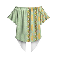 Hawaii Shell Tiare Anthurium Heliconia Lei Off Shoulder Wrap Waist Top With Tapa Pattern Baby Green LT05 - Polynesian Pride
