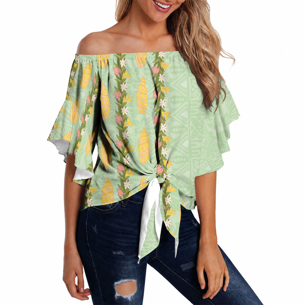Hawaii Shell Tiare Anthurium Heliconia Lei Off Shoulder Wrap Waist Top With Tapa Pattern Baby Green LT05 - Polynesian Pride