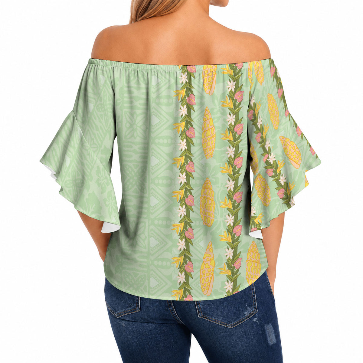 Hawaii Shell Tiare Anthurium Heliconia Lei Off Shoulder Wrap Waist Top With Tapa Pattern Baby Green LT05 - Polynesian Pride
