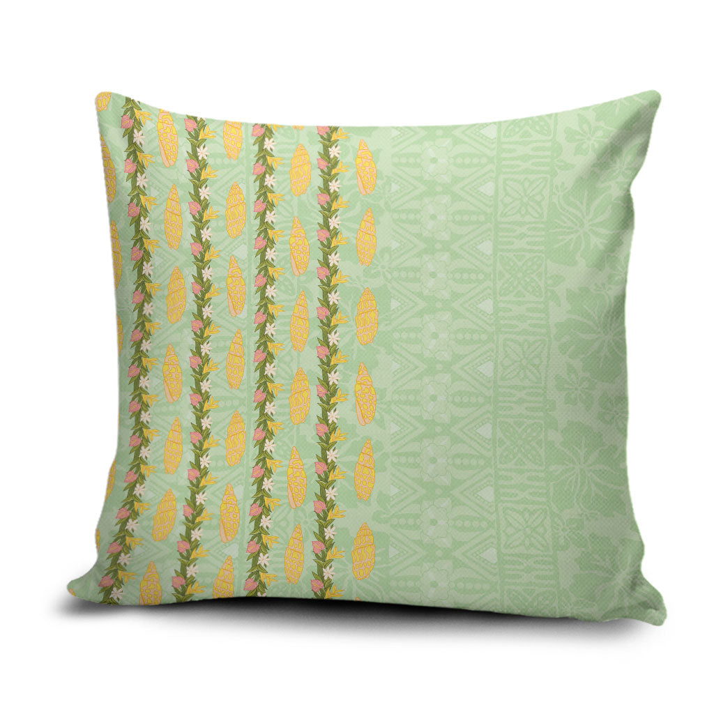 Hawaii Shell Tiare Anthurium Heliconia Lei Pillow Cover With Tapa Pattern Baby Green LT05 Green - Polynesian Pride