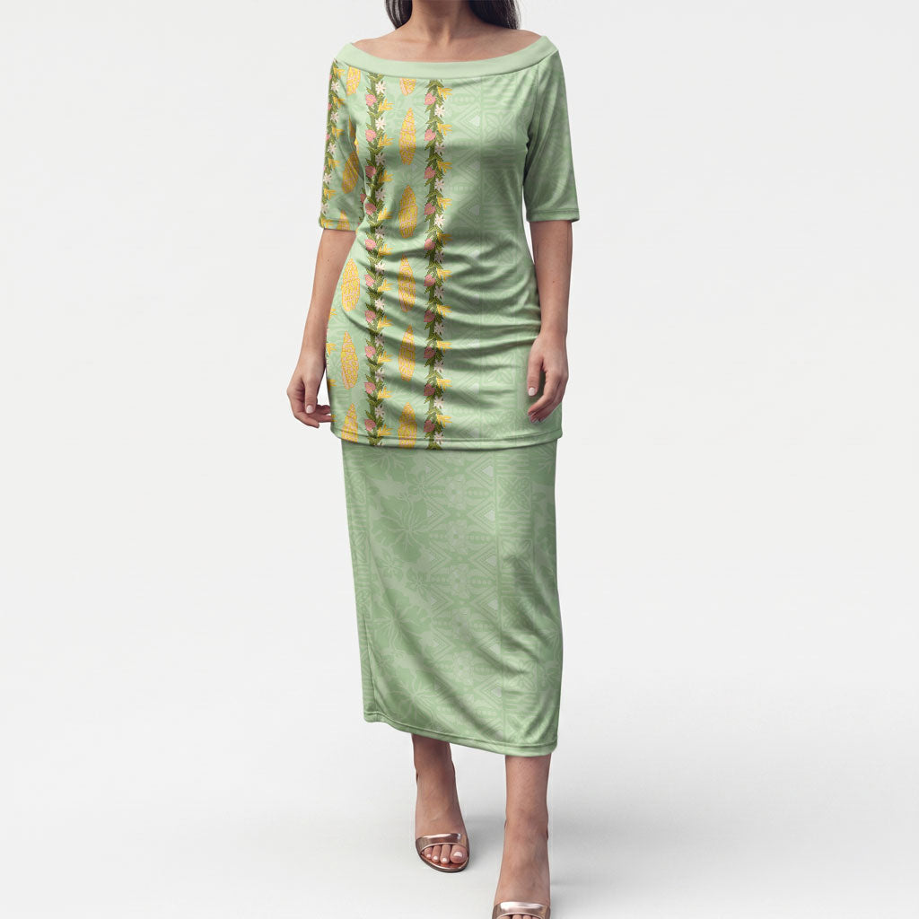 Hawaii Shell Tiare Anthurium Heliconia Lei Puletasi With Tapa Pattern Baby Green LT05 Long Dress Green - Polynesian Pride