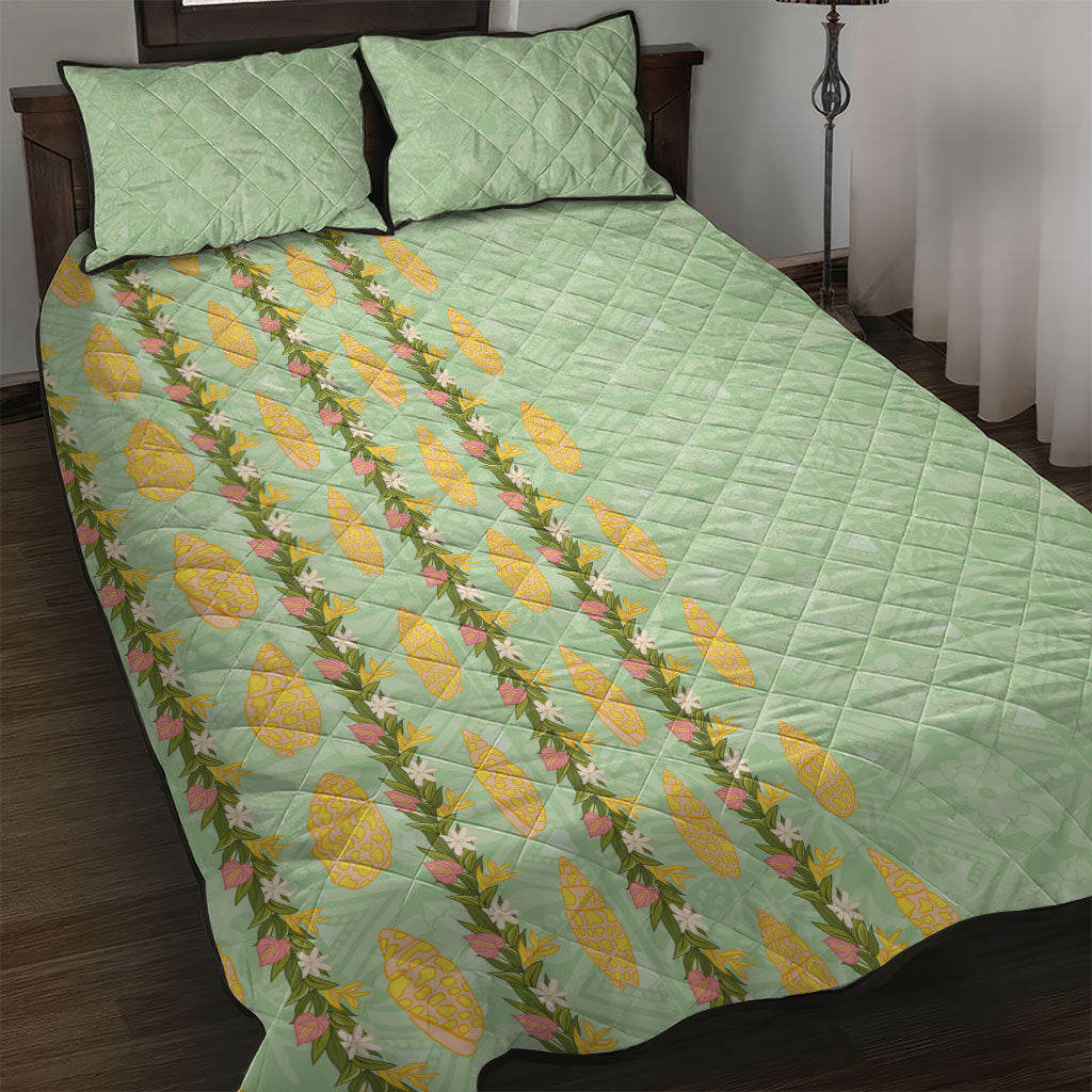 Hawaii Shell Tiare Anthurium Heliconia Lei Quilt Bed Set With Tapa Pattern Baby Green LT05 Green - Polynesian Pride
