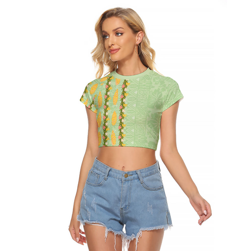 Hawaii Shell Tiare Anthurium Heliconia Lei Raglan Cropped T Shirt With Tapa Pattern Baby Green LT05 Female Green - Polynesian Pride