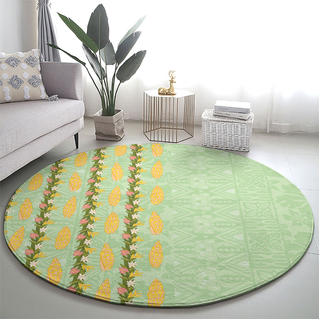 Hawaii Shell Tiare Anthurium Heliconia Lei Round Carpet With Tapa Pattern Baby Green
