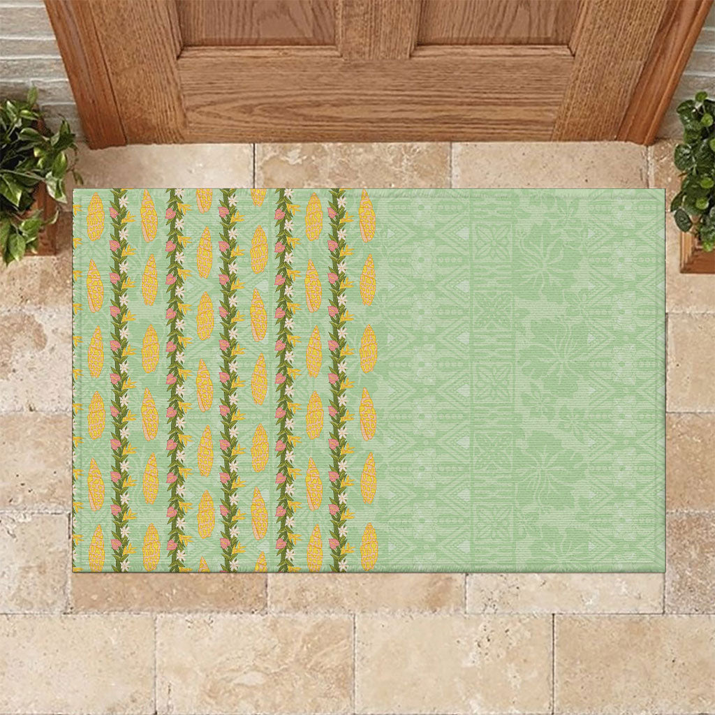 Hawaii Shell Tiare Anthurium Heliconia Lei Rubber Doormat With Tapa Pattern Baby Green LT05 Green - Polynesian Pride