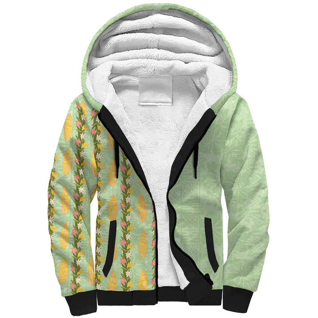 Hawaii Shell Tiare Anthurium Heliconia Lei Sherpa Hoodie With Tapa Pattern Baby Green LT05 Unisex Green - Polynesian Pride