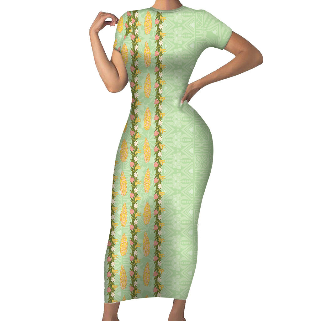 Hawaii Shell Tiare Anthurium Heliconia Lei Short Sleeve Bodycon Dress With Tapa Pattern Baby Green