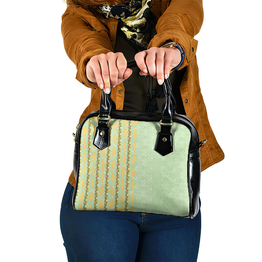 Hawaii Shell Tiare Anthurium Heliconia Lei Shoulder Handbag With Tapa Pattern Baby Green LT05 One Size Green - Polynesian Pride