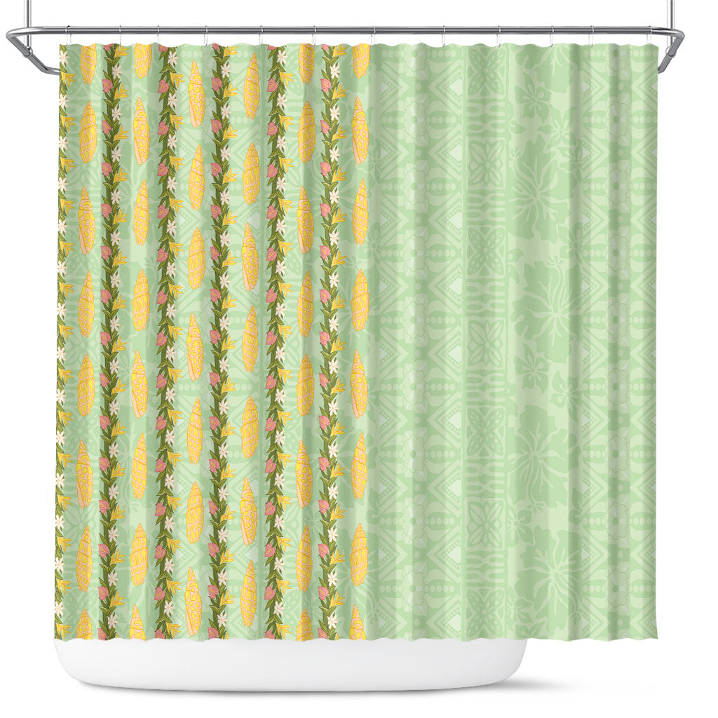 Hawaii Shell Tiare Anthurium Heliconia Lei Shower Curtain With Tapa Pattern Baby Green LT05 Green - Polynesian Pride