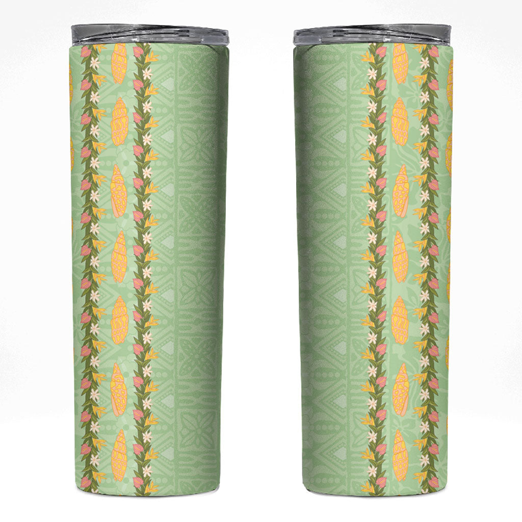 Hawaii Shell Tiare Anthurium Heliconia Lei Skinny Tumbler With Tapa Pattern Baby Green LT05 Green - Polynesian Pride