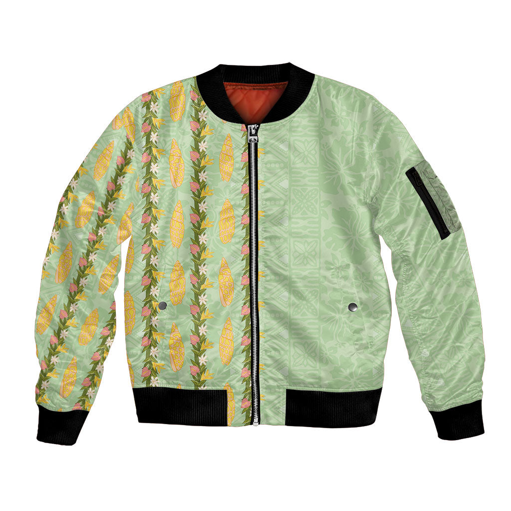 Hawaii Shell Tiare Anthurium Heliconia Lei Sleeve Zip Bomber Jacket With Tapa Pattern Baby Green LT05 Unisex Green - Polynesian Pride