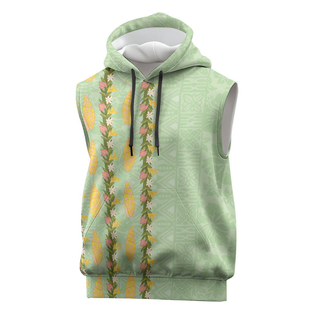 Hawaii Shell Tiare Anthurium Heliconia Lei Sleeveless Hoodie With Tapa Pattern Baby Green LT05 Green - Polynesian Pride