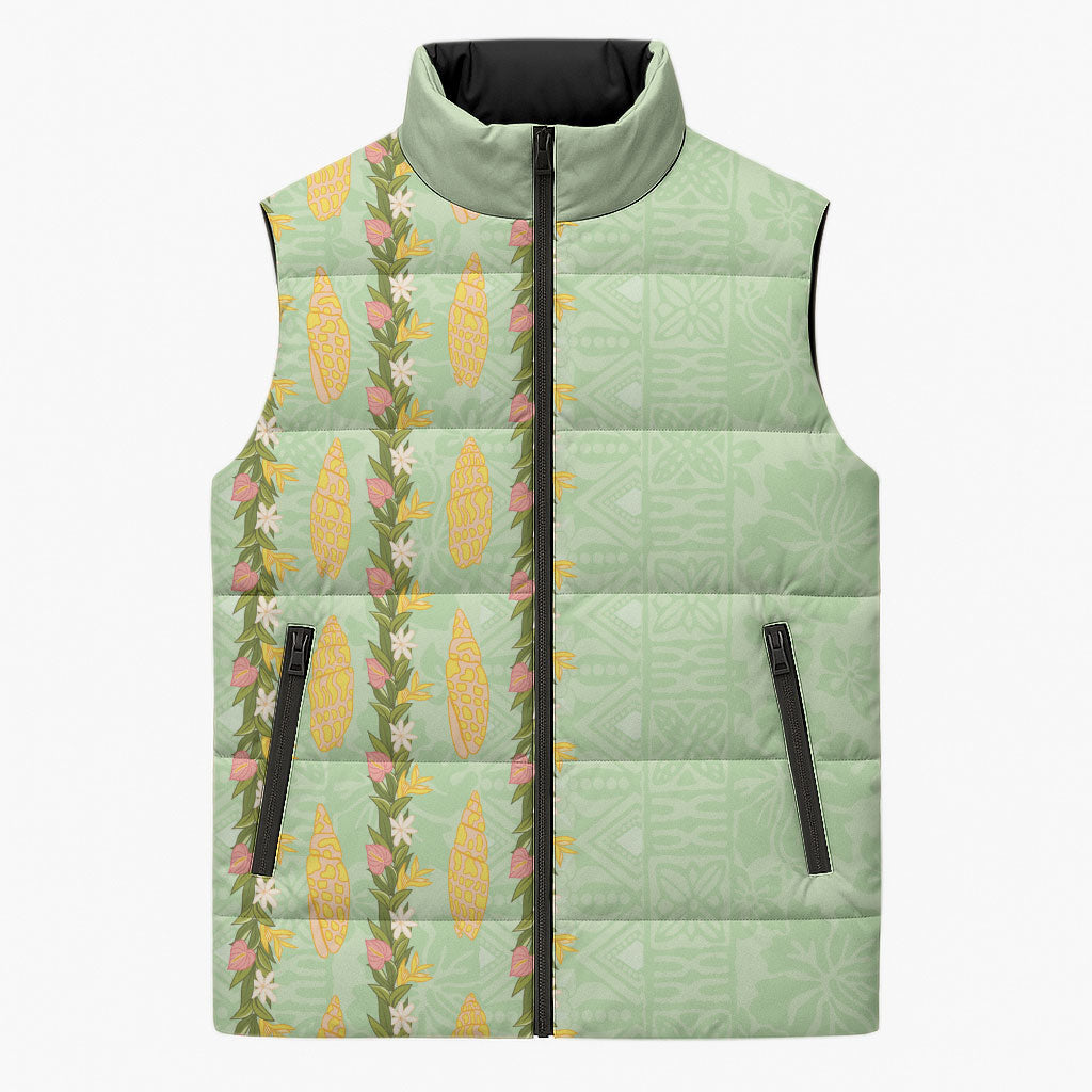 Hawaii Shell Tiare Anthurium Heliconia Lei Sleeveless Puffer Jacket With Tapa Pattern Baby Green LT05 Unisex Green - Polynesian Pride