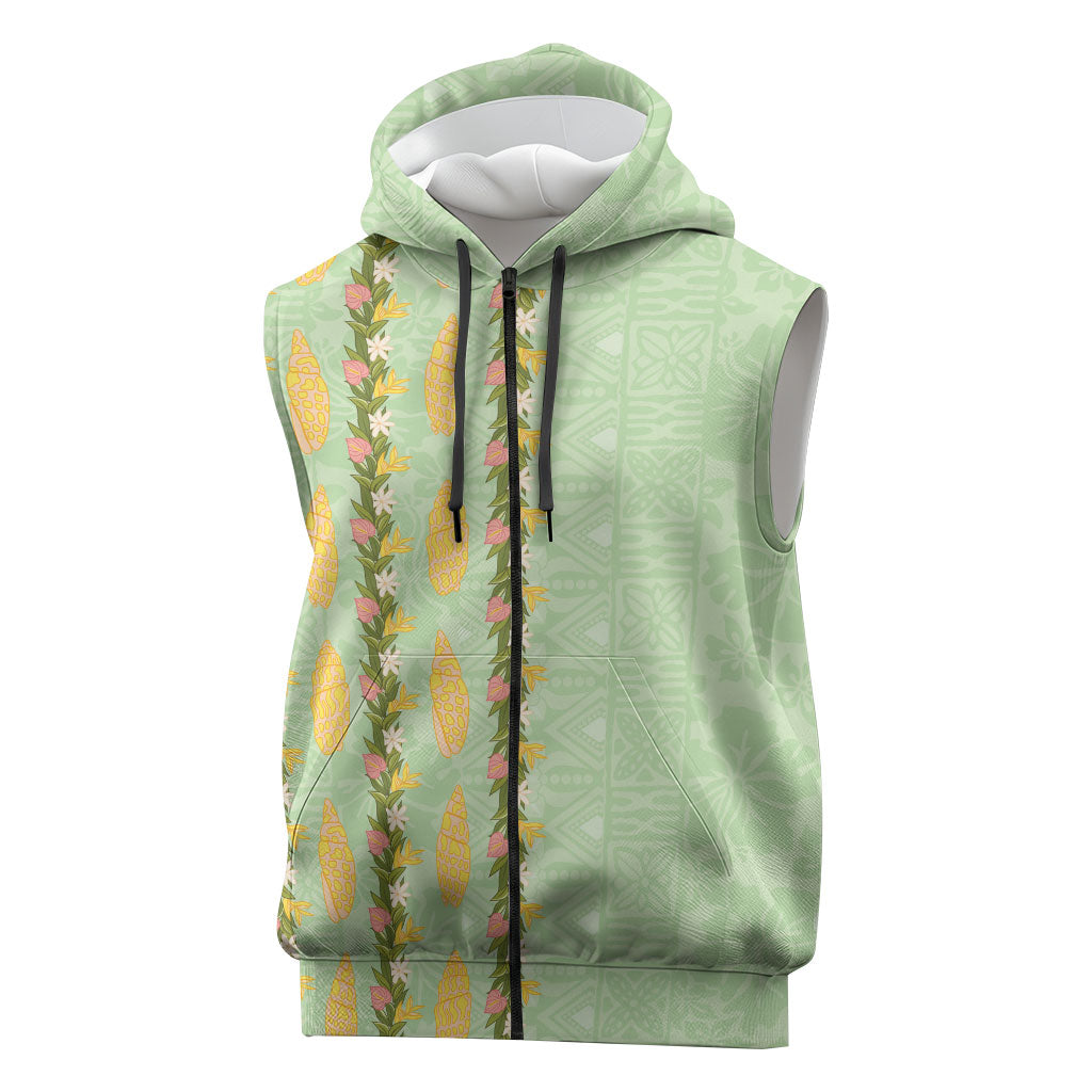 Hawaii Shell Tiare Anthurium Heliconia Lei Sleeveless Zip Hoodie With Tapa Pattern Baby Green LT05 Green - Polynesian Pride